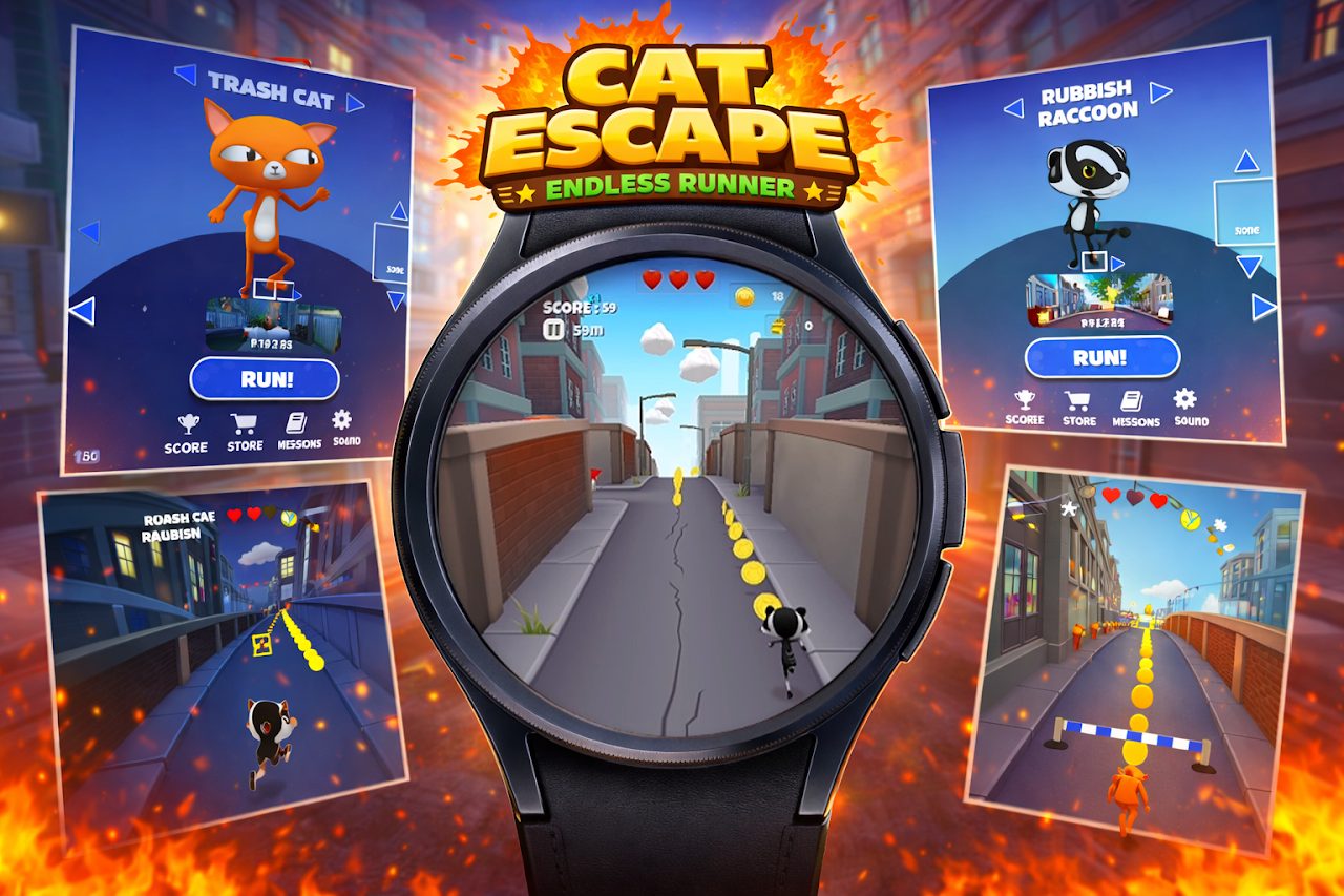 Cat Escape promotional scene with gameplay on a watch