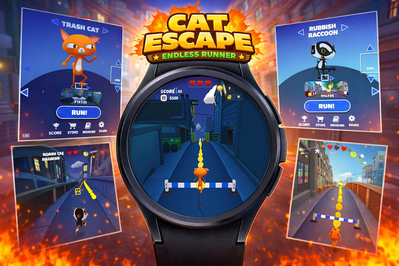 Cat Escape running on a smartwatch, surrounded by scenes from the game
