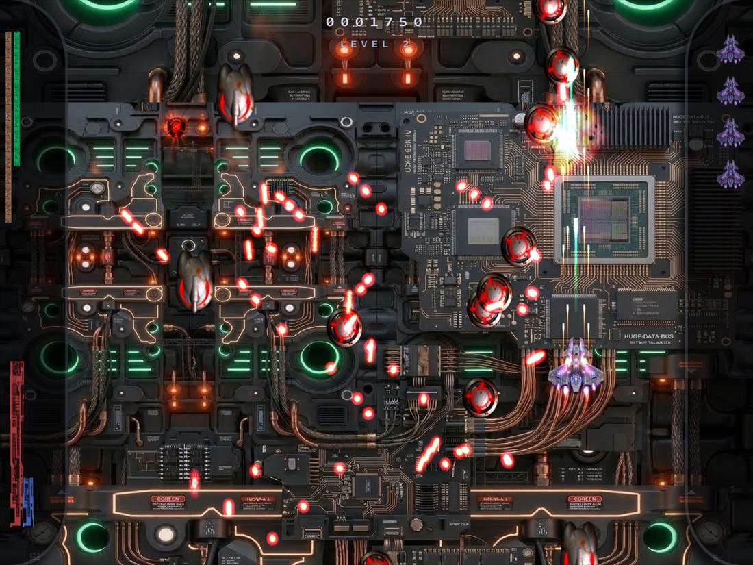 Level 2 on iPad: copper circuitry and streams of enemy fire