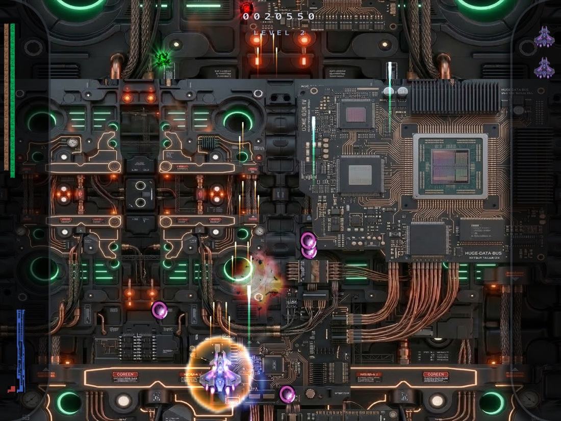Level 2 on iPad: the fighter shielded among enemies