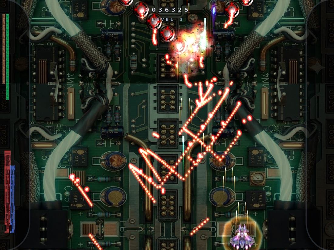 Level 3 on iPad: green circuit board with bullet patterns and an explosion