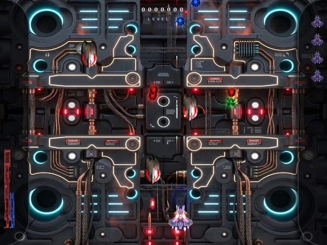 Level 1 on iPad: dark metal terrain with cyan lights