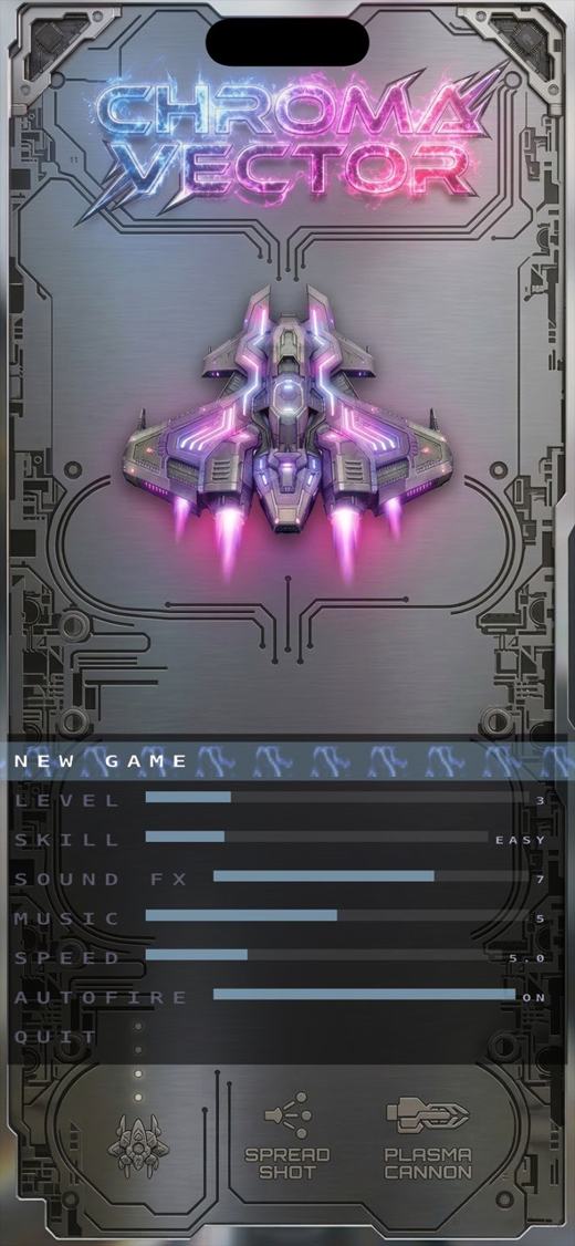 Main menu with level, skill, sound, music, speed and auto-fire