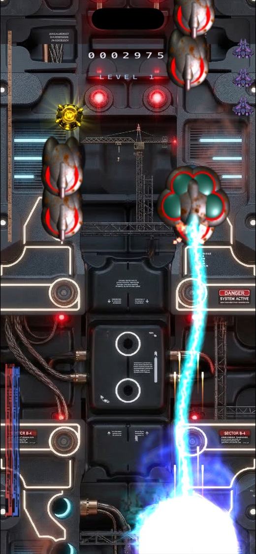 An enemy firing a crackling cyan beam down the screen