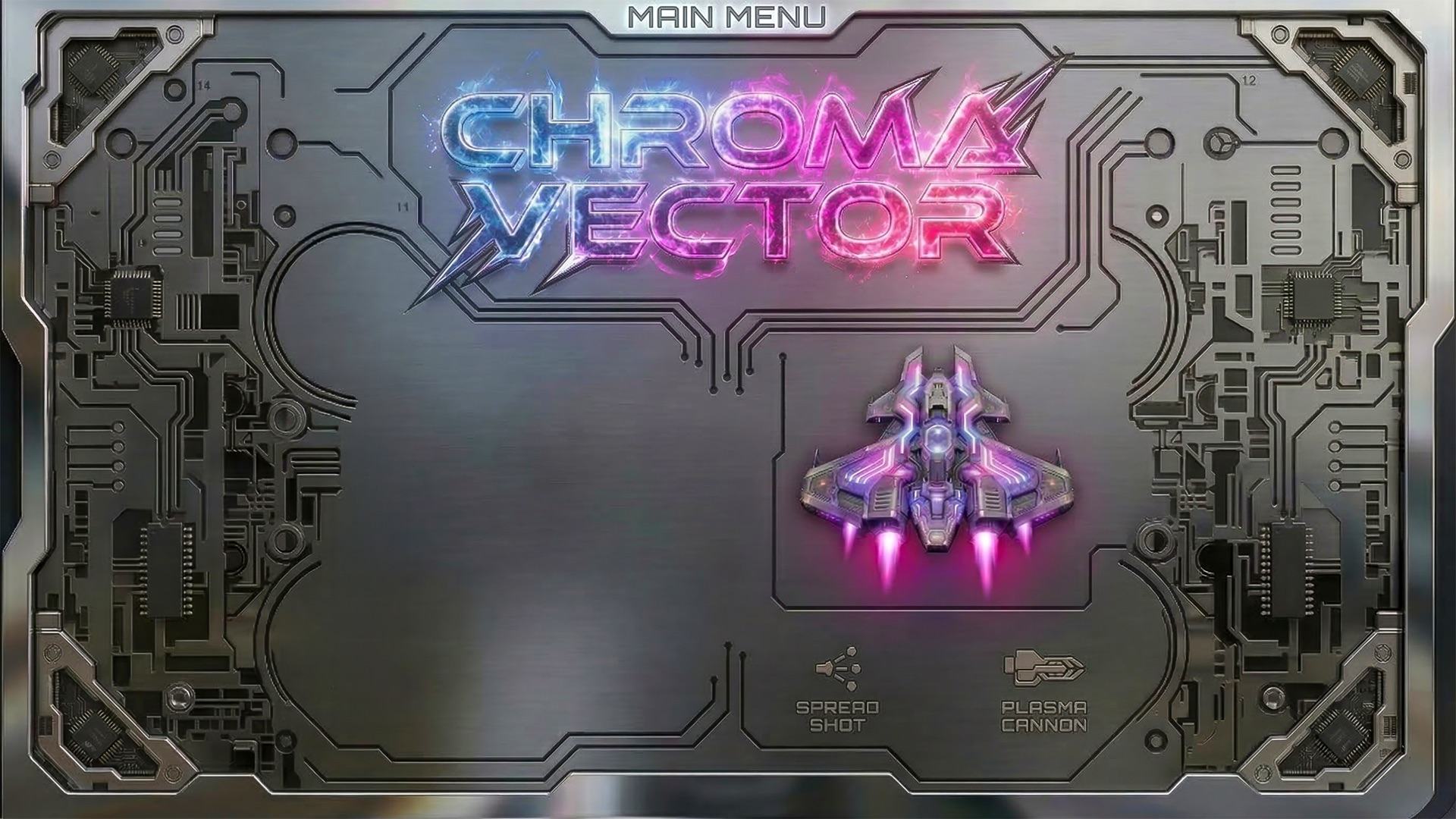 Chroma Vector key art: the neon logo and the player's fighter on a brushed-metal circuit frame