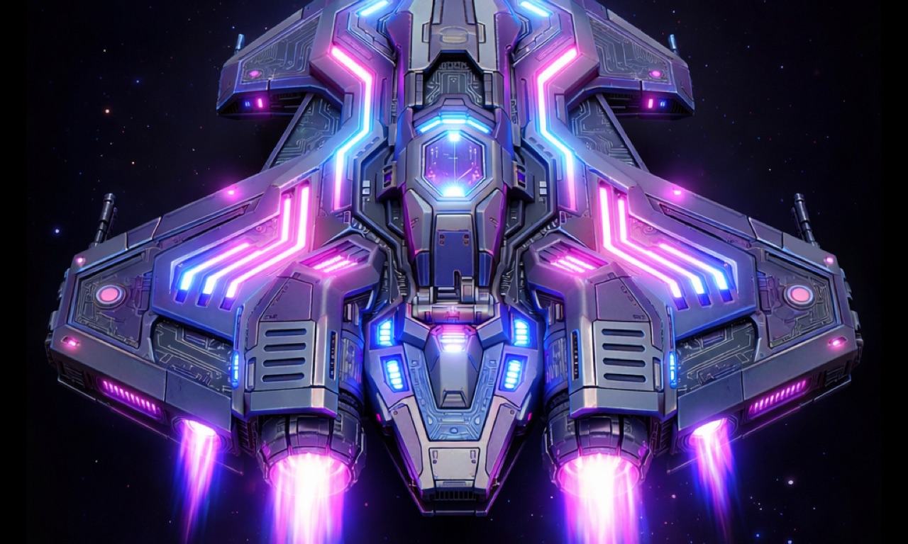 The Chroma Vector fighter, lit in neon purple and blue