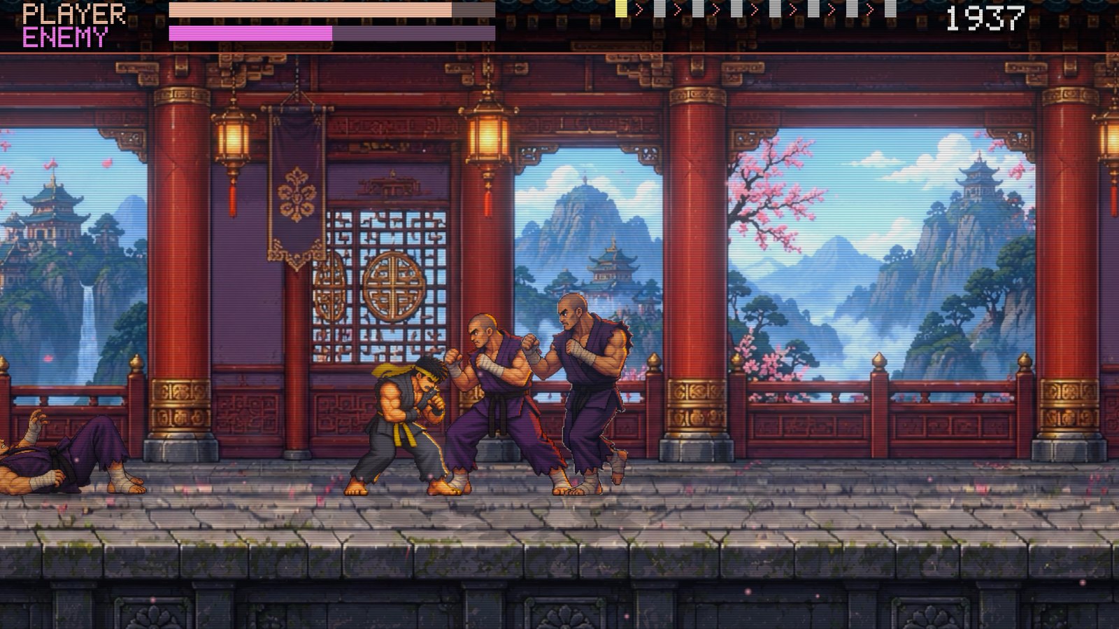 A flying kick in the temple corridor