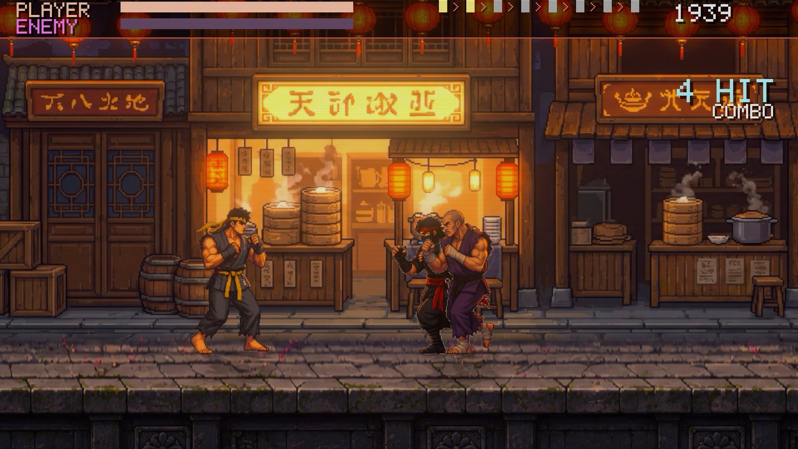 A combo in the lantern-lit night market