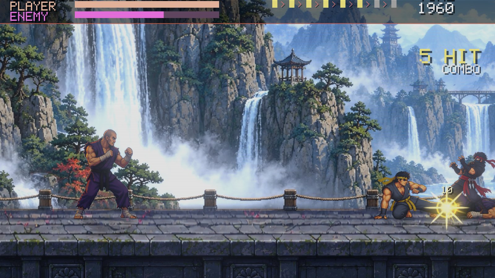 Fighting on the waterfall bridge