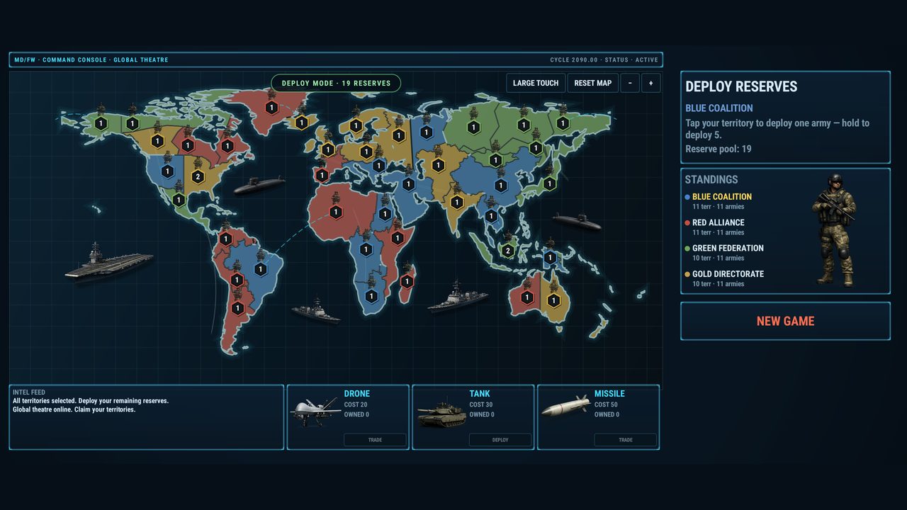 World map with all four factions deployed