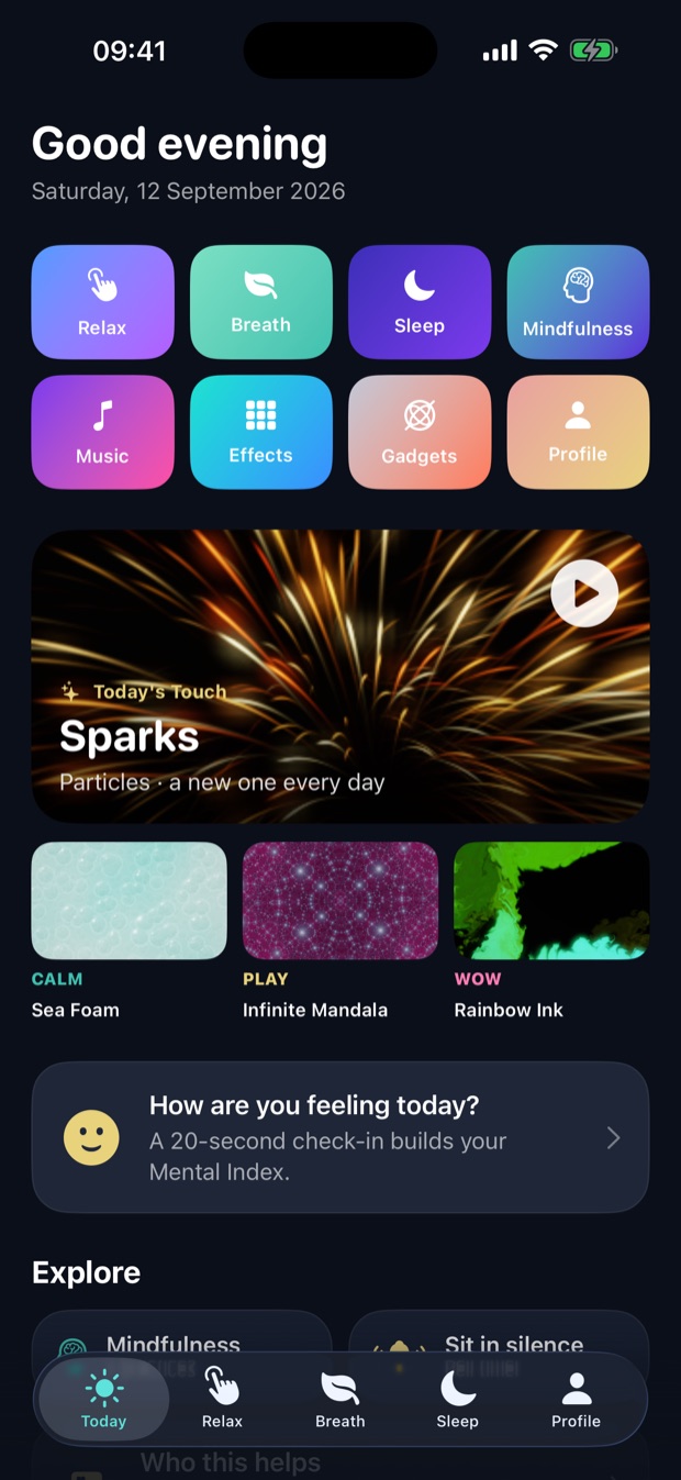Today screen with greeting, category tiles and Today's Touch