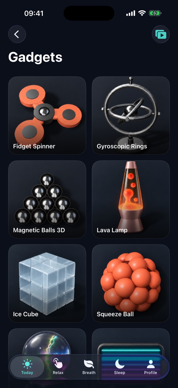 Gadgets library: fidget spinner, gyroscopic rings, magnetic balls, lava lamp, ice cube, squeeze ball