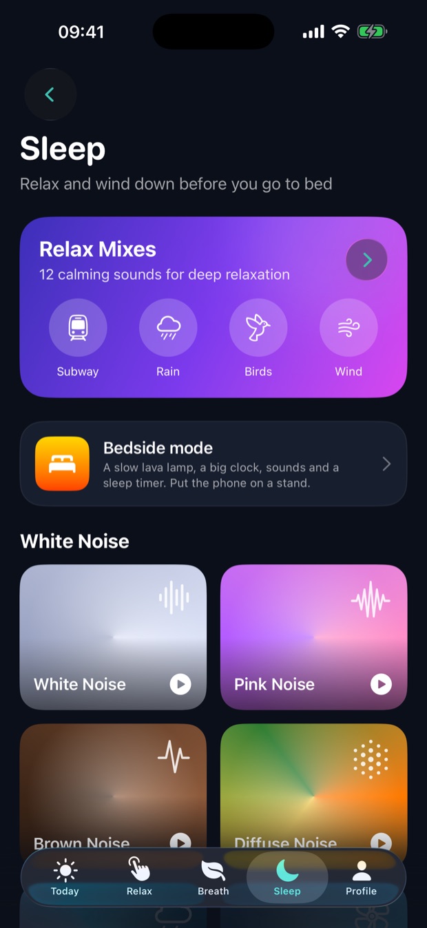 Sleep tab with relax mixes, bedside mode and white noise