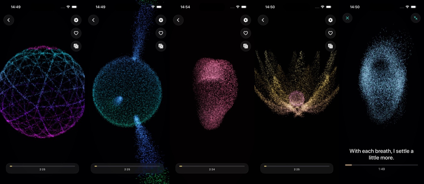 Five point-cloud shapes: sphere, jets, heart, lotus and nebula with an affirmation