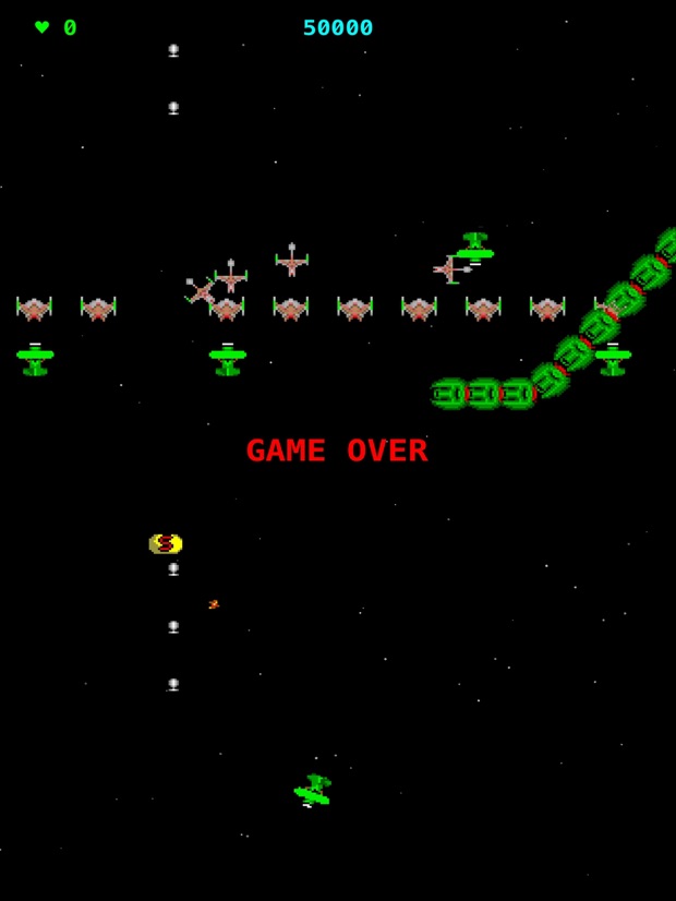 Game over with aliens snaking across the screen on iPad