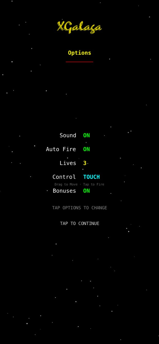 Options screen: sound, auto fire, lives, control and bonuses