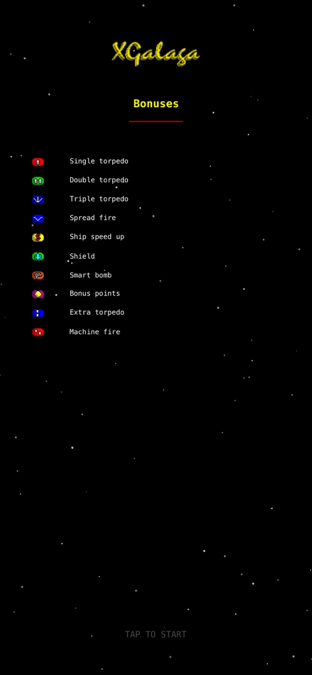 Bonuses screen listing torpedo, spread fire, speed, shield, smart bomb and more