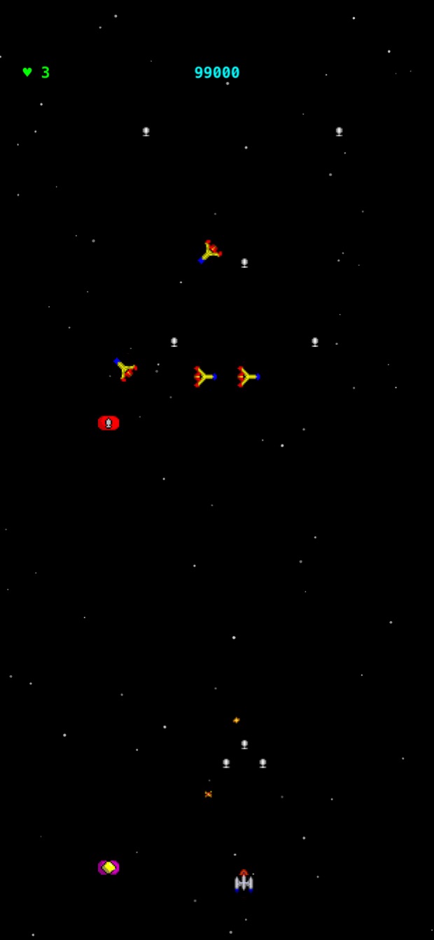 Yellow and red aliens swooping towards the ship, which fires three shots