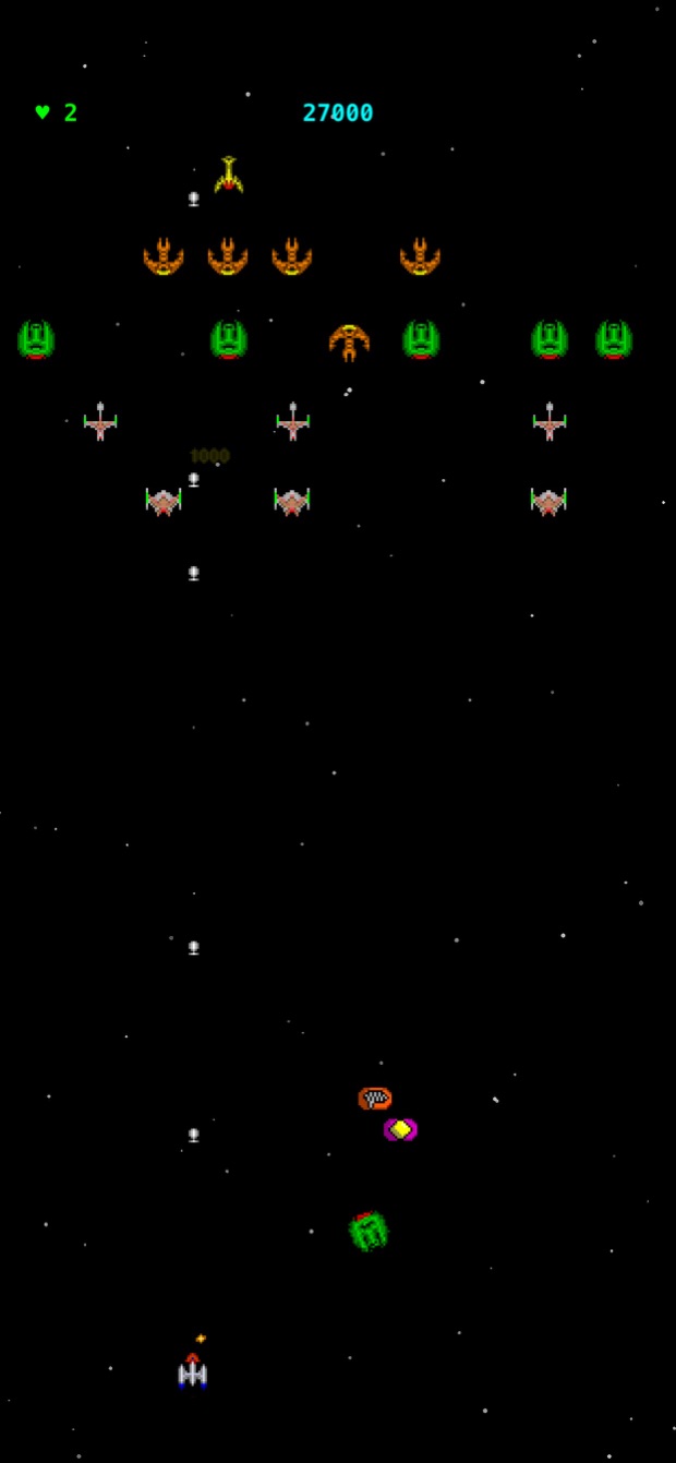 XGalaga on iPhone: a full alien convoy in formation above the player's ship